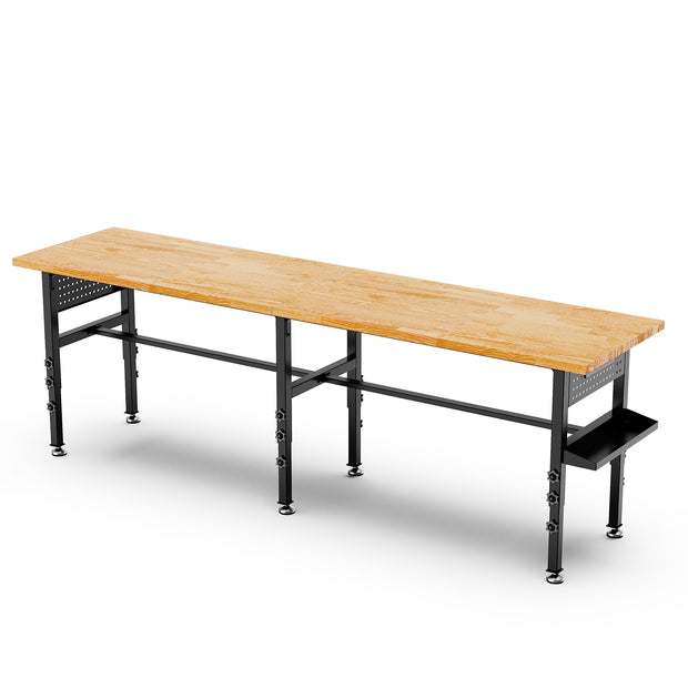 96' Adjustable Workbench with Solid Wood Top, Side Pegboard, 2000 lbs Capacity, 4 Height Settings, Power Outlet, Storage Box, Wheels or Leveling Feet