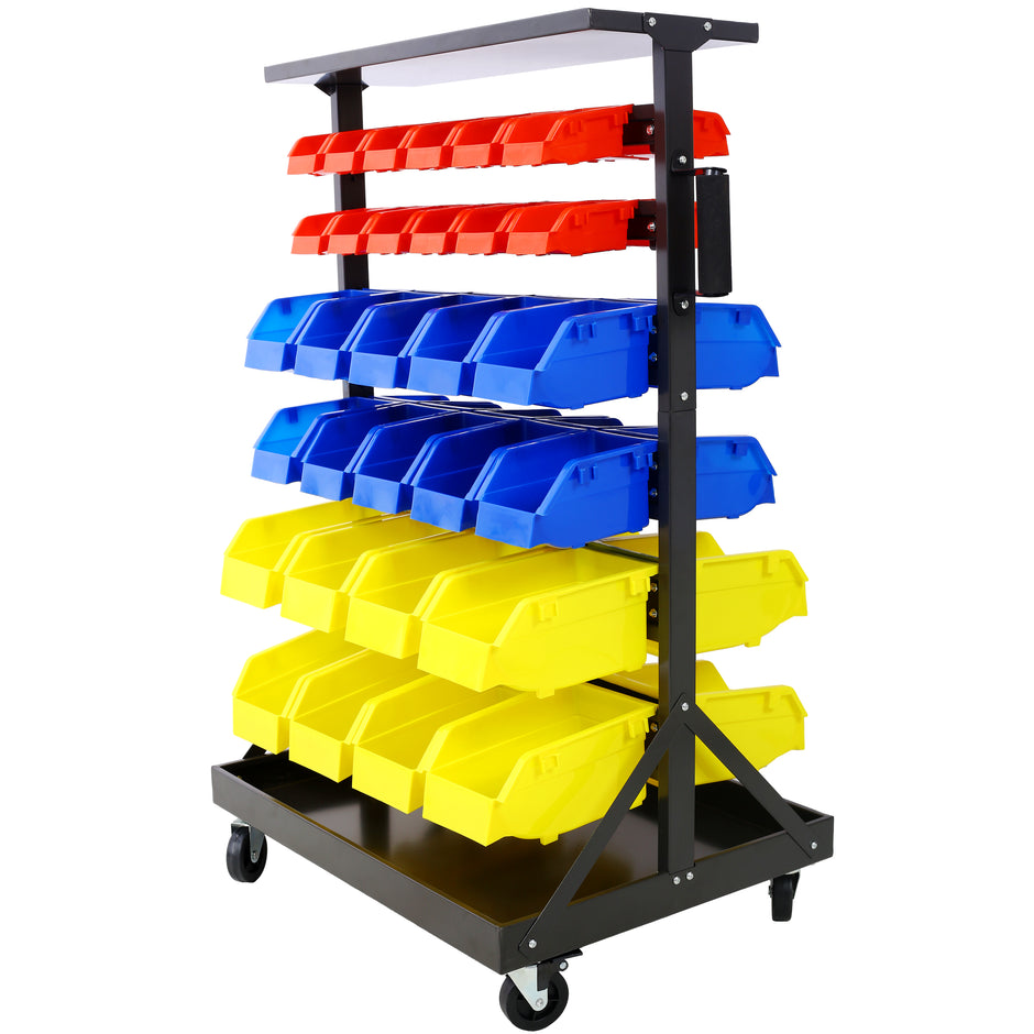 6-Tier Dual-Sided Rolling Bin Rack , 350 Pound Capacity, Includes 60 Organizer Bins, with Tray and Casters