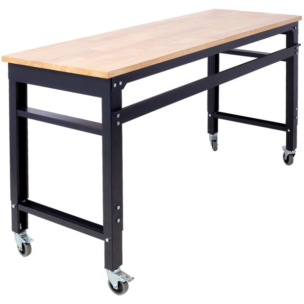 60" Wide Rolling Workbenches for Garage - Adjustable Height, Workshop Tool Bench, Metal with rubber Wood Top