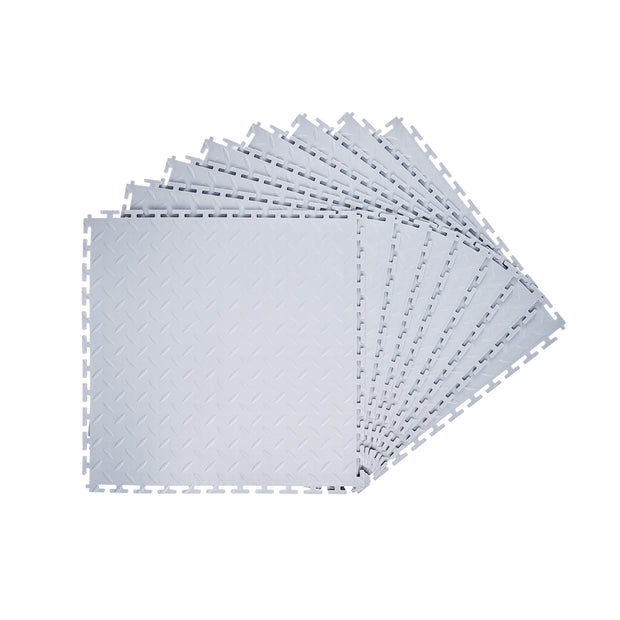 8 Pack 20.2 x 20.2 x 0.2 in Interlocking Modular Garage Flooring Tiles, Diamond Plate Slip-Resistant PVC Mats for Workshop, Warehouse, Tool Room, Silver