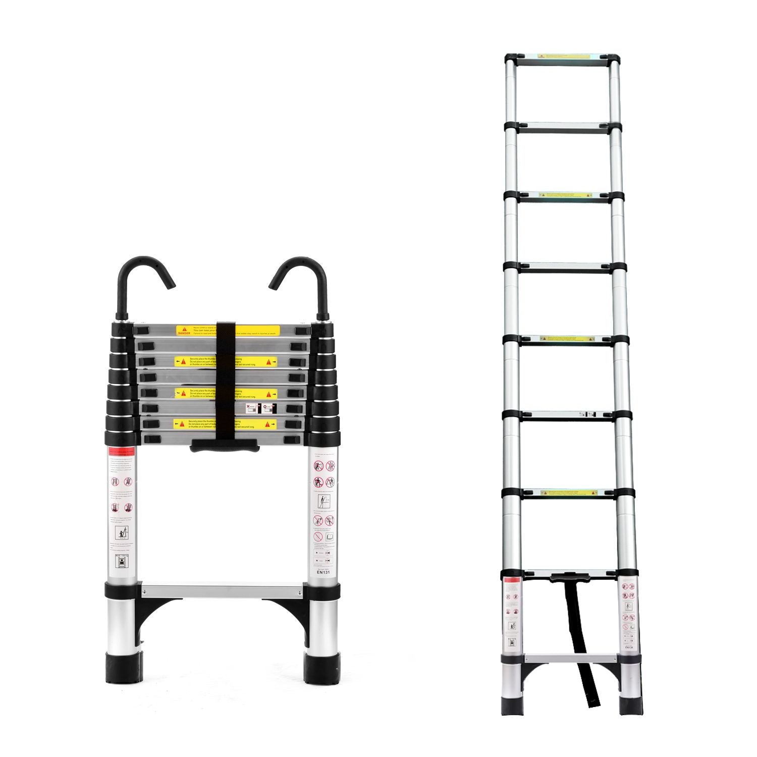 8.5FT telescopic ladder, aluminium alloy multi-purpose folding ladder with hooks and triangular support frame, suitable for outdoor work at home or RV