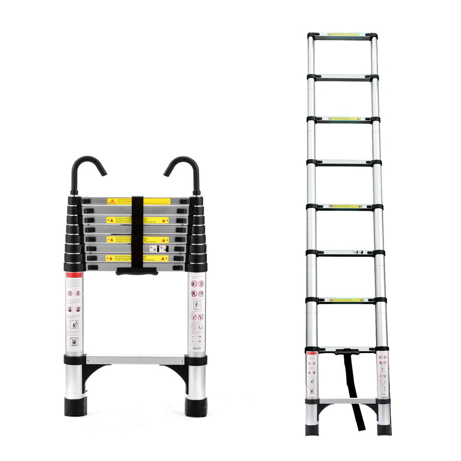 8.5FT telescopic ladder, aluminium alloy multi-purpose folding ladder with hooks and triangular support frame, suitable for outdoor work at home or RV